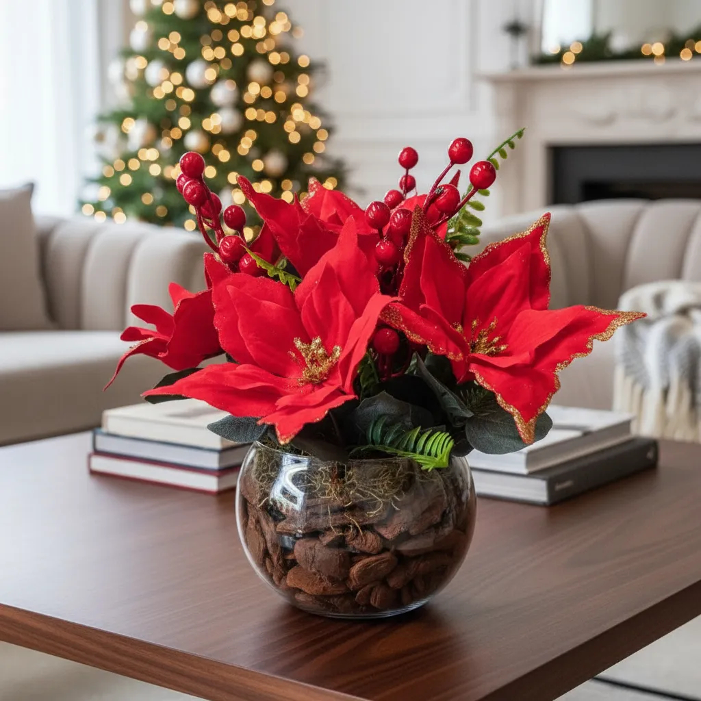 Arranjo de Mesa Natalino, Arranjo Completo, Bico de Papagaio, Flores de Mesa, Decoração de Natal, Decoração Reveillon