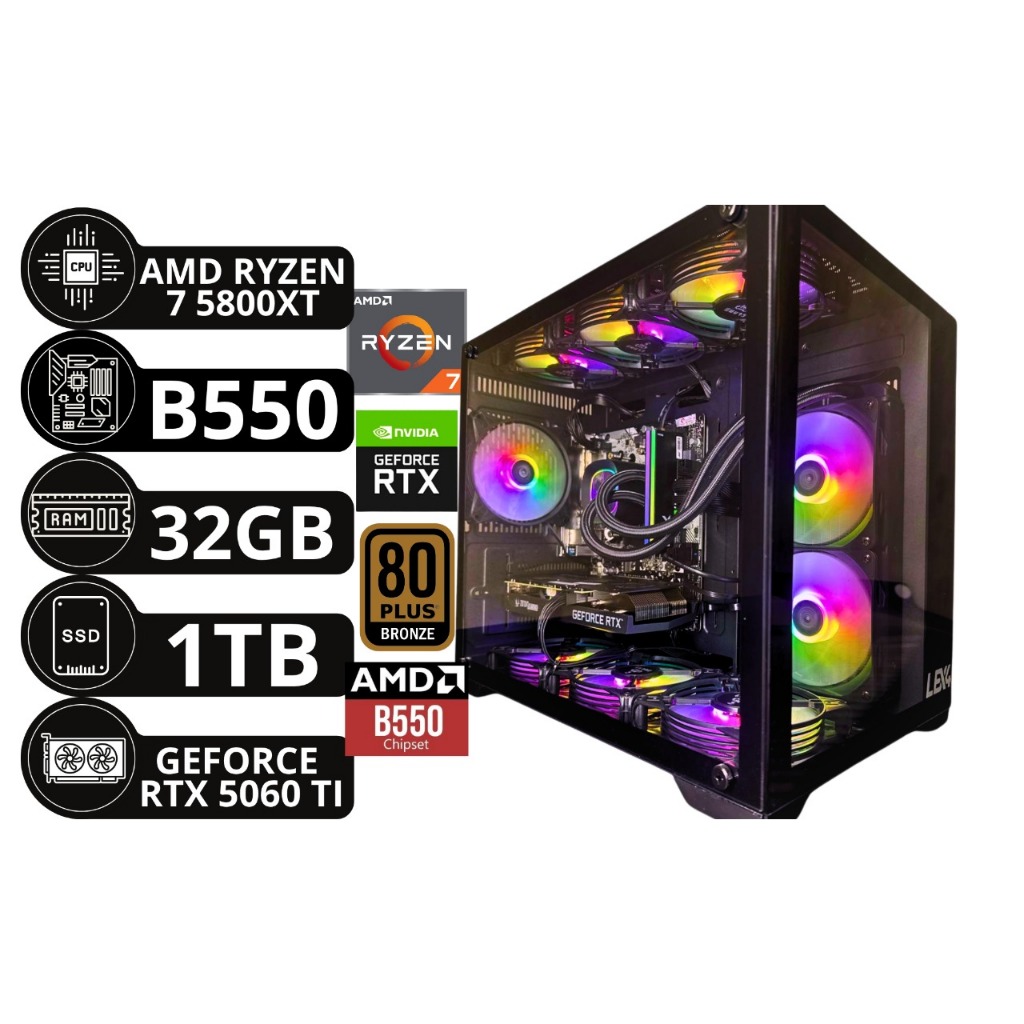 Pc Gamer Aquario Ryzen 7 5800XT B550 Aorus 32gb Ddr4 Nvme 1tb Rtx 5060 Ti - Water Cooler 360MM