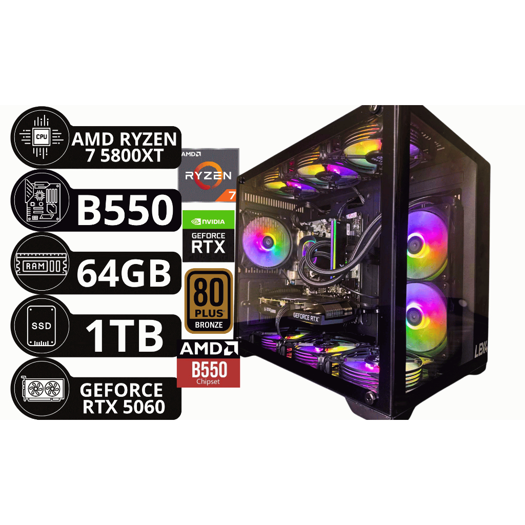 Pc Gamer Aquario Ryzen 7 5800XT B550 64gb Ddr4 Nvme 1tb Rtx 5060