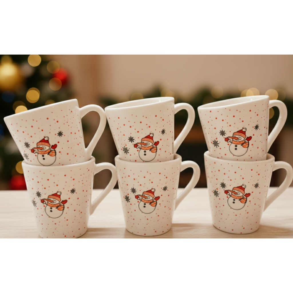 Kit 6 Xícaras Café 120ml Branca Chá Decorada Natal Boneco de Neve Flocos