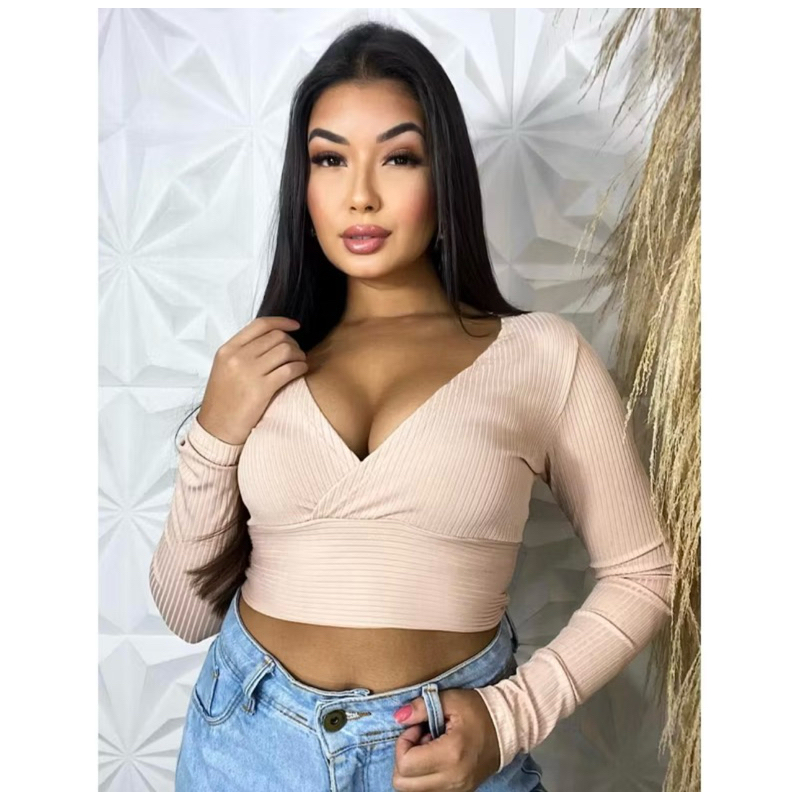 Cropped Feminino Manga Longa Decotado Decote V Tecido Casual Elegante Canelado