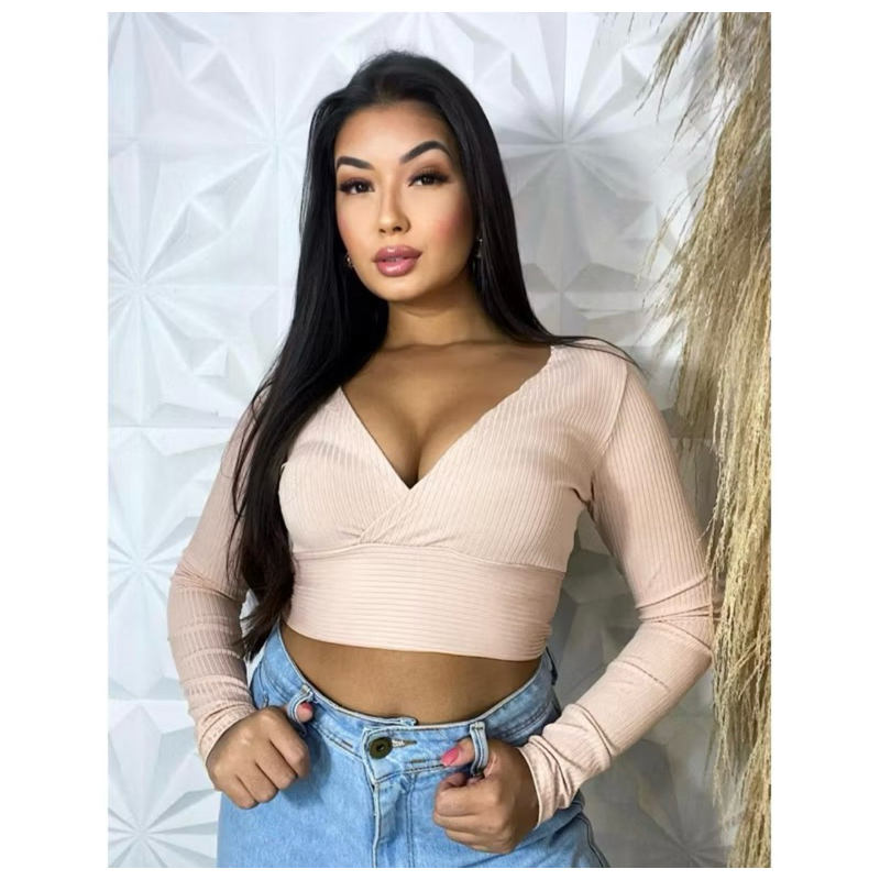 Cropped Feminino Manga Longa Decotado Decote V Tecido Casual Elegante Canelado