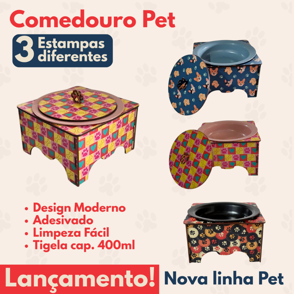 Comedouro Pet em MDF Adesivado Tigela/Pote 400ml Para Ração e Petisco.