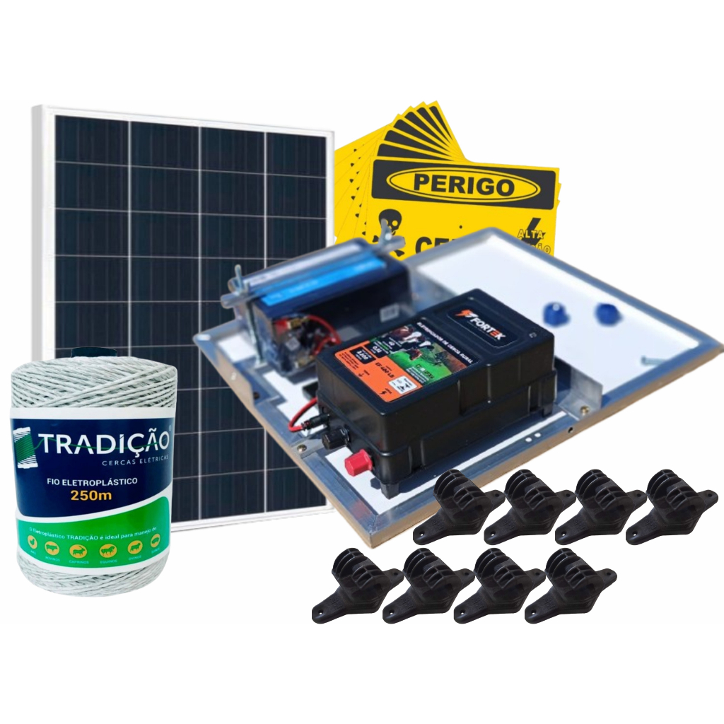 Kit Eletrificador Solar 20W 0,8Joules c/ Bateria 12V + 250m Fio Eletroplastico BR + 100 isolador W Slin PT + 5 Placa de