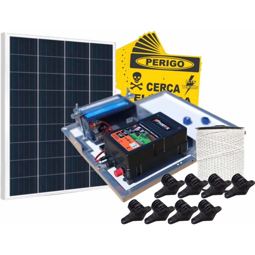 Kit Cerca Solar 20W de Potencia 0,8 Joules + 500m Fio Eletro BR + 100 isolador w Slim PT + 05 Placa de cerca eletrica