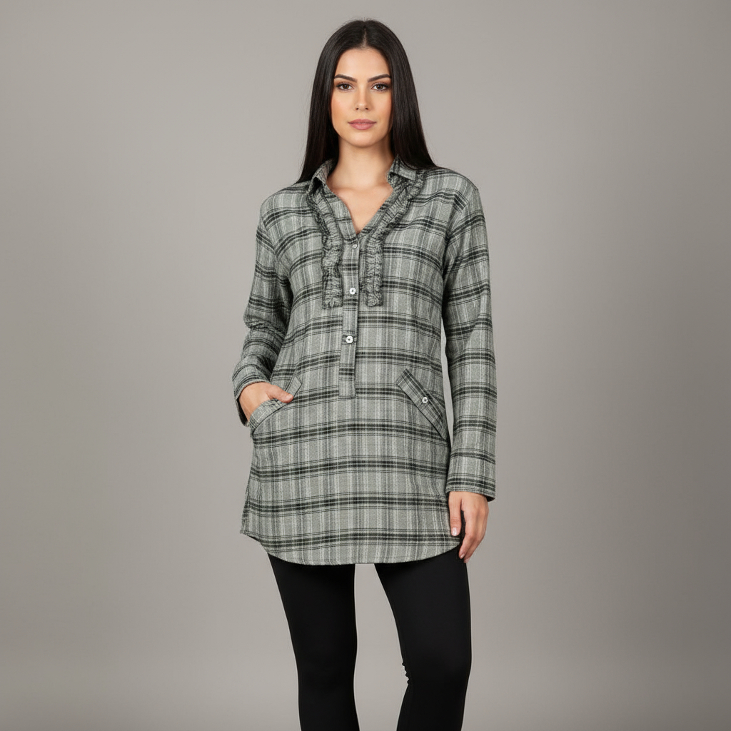 Camisão blusa vestido xadrez manga longa feminino elegante