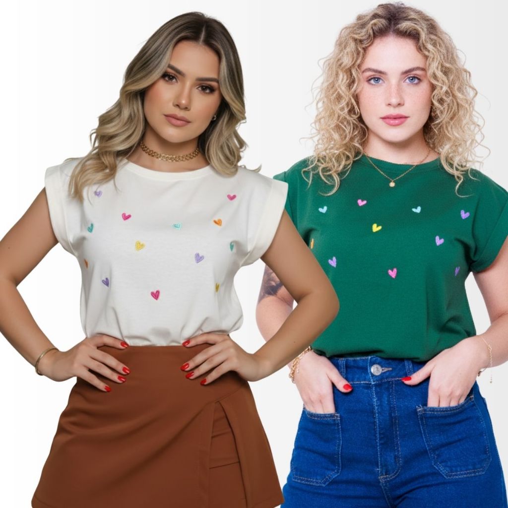 Kit 2 Blusas Femininas Coração Colorido Bordado Manga Japonesa 100% Algodão T-Shirt Casual em Oferta na Shopee