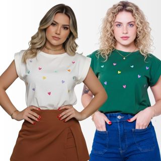Kit 2 Blusa Feminina Coração Colorido Japonesa 100% Algodão em Oferta na Shopee