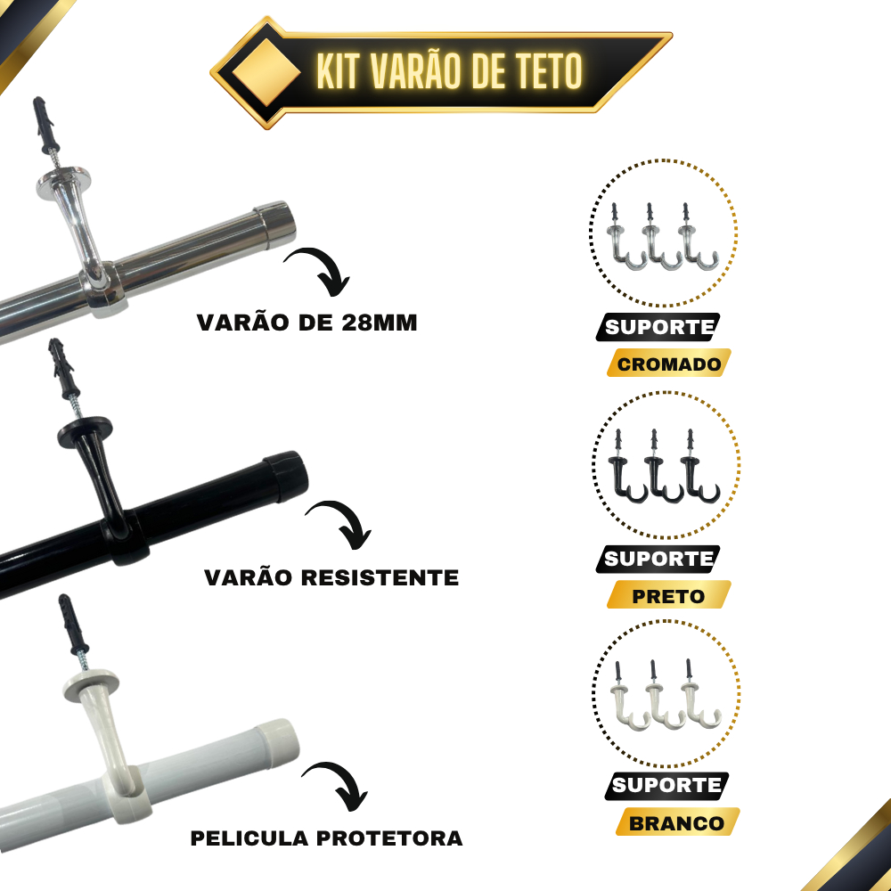 Varão De Cortina Suporte De Teto 28mm Tamanhos e Cores Variadas Medidas de 1,20mts até 3,00mts