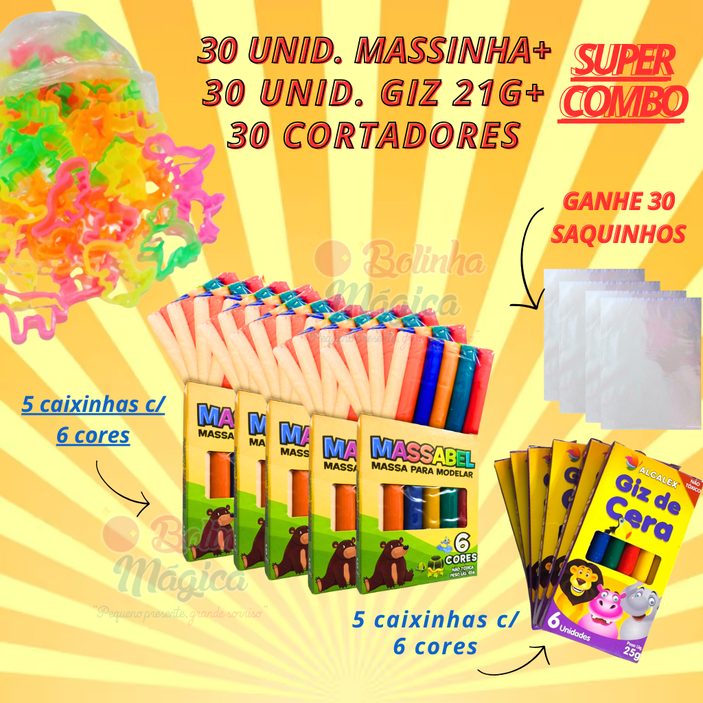 Kit 30 Unidades Massinha Modelar + 30 Unidades Giz+ 30 Cortadores + Ganhe 30 Saquinho Lembrancinha em Oferta na Shopee