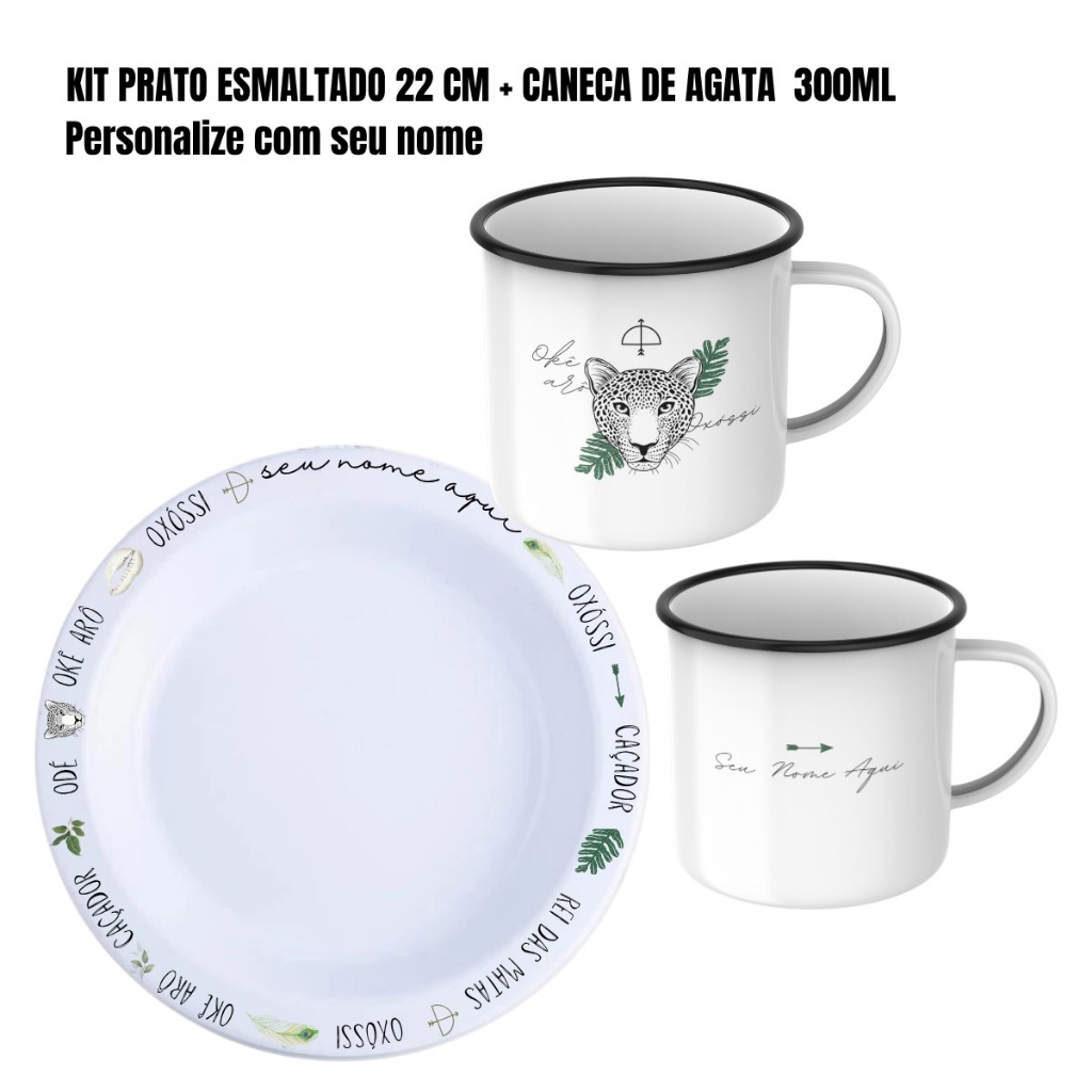 🪶 Oxóssi/Otin KIT CANECA DE ÁGATA + PRATO PERSONALIZADO| UMBANDA • CANDOMBLÉ • RELIGIÃO AFRO-BRASILEIRA