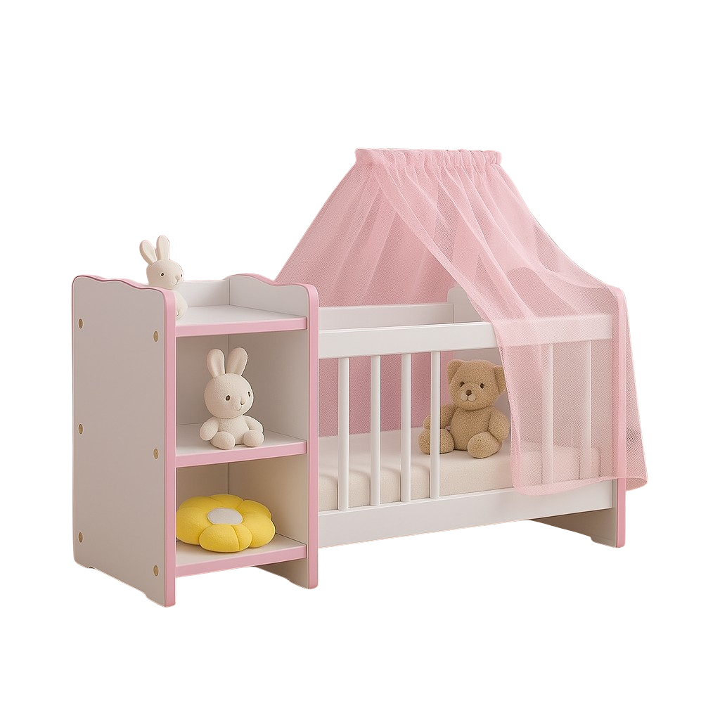 Brinquedo Berço Boneca Infantil Cômoda Véu Reborns cores / azul /branco e rosa