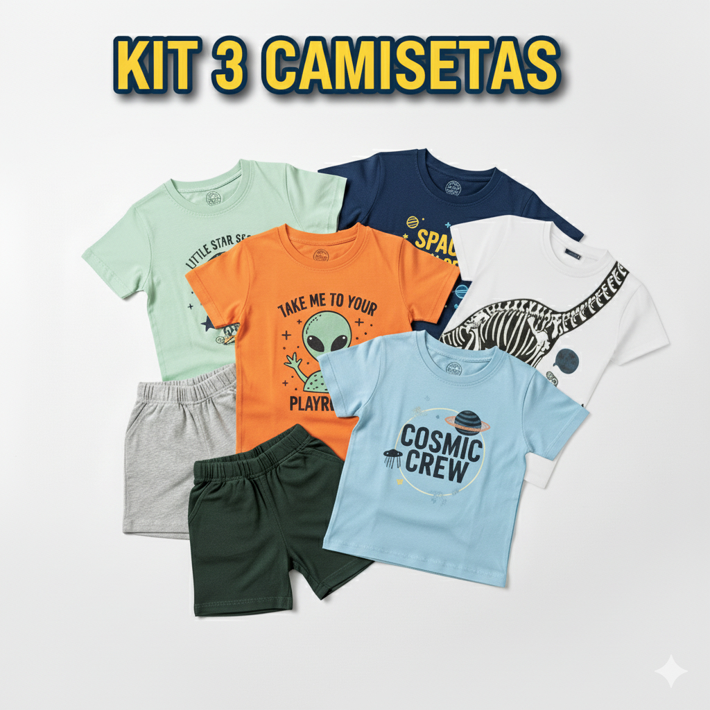 Kit 3 Camisa Infantil Estampadas Variadas Desenho Animado Confortável 100% Algodão Menino