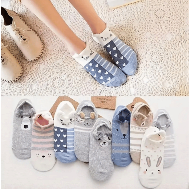 Kit 4 Par de Meias Feminina sapatilha Cano Curto Coloridas Gatinho Ursinho Bichinhos