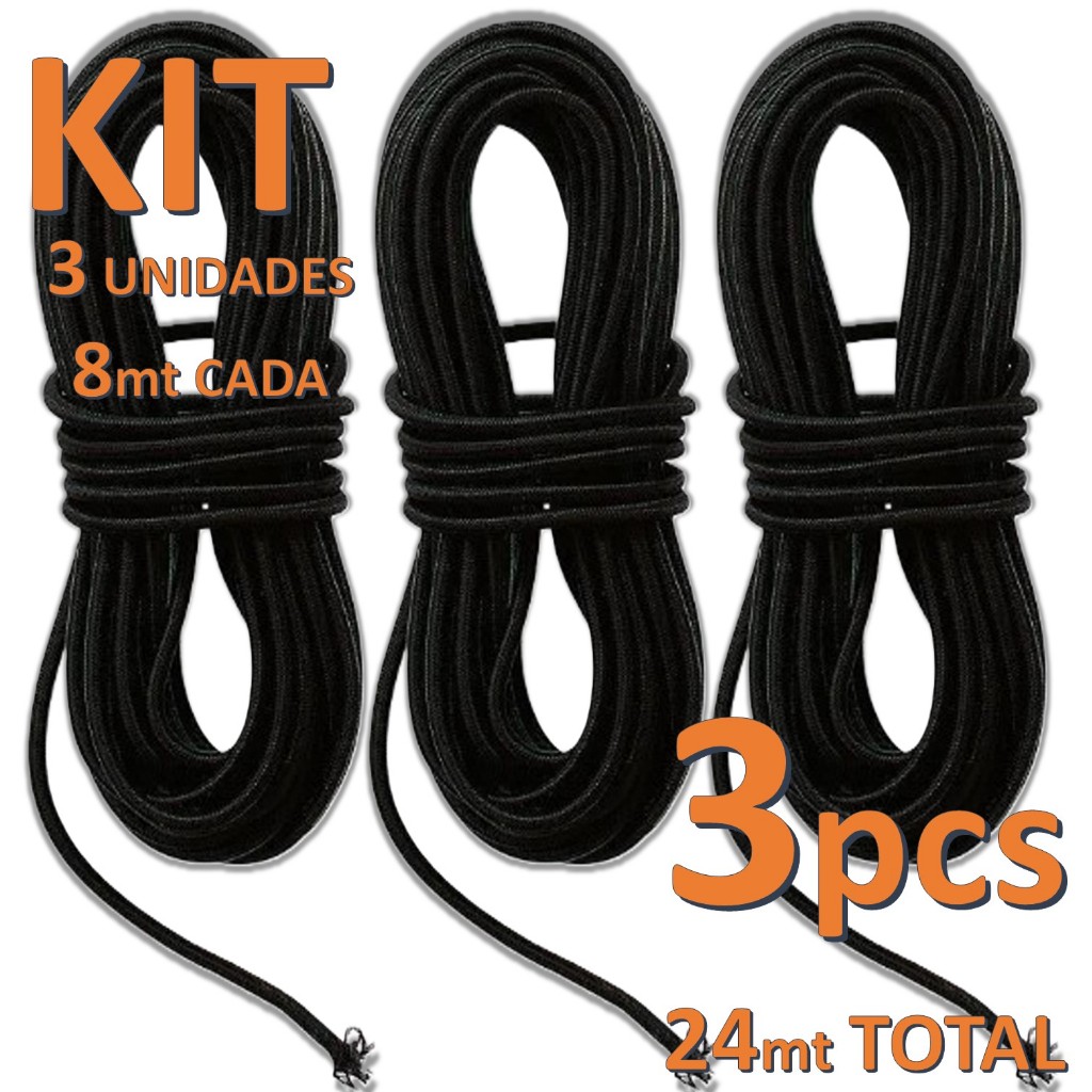 Kit 3x Elasticos 8mt/cada Roliços P/ Varetas Barraca De Acampar 24m total espessura 2,5mmm
