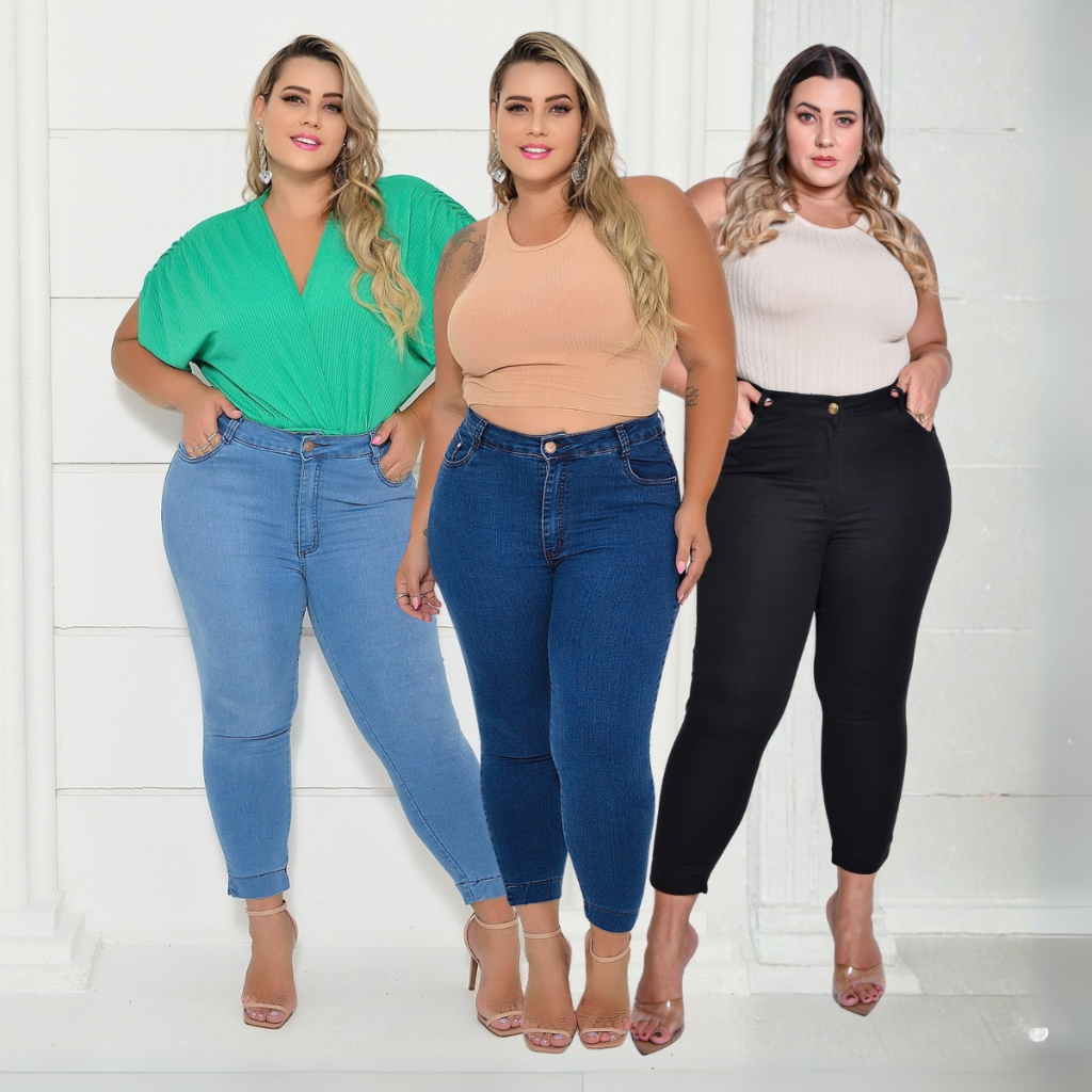 Calça Jeans Plus Size Capri Cintura Alta Pescador Curta Abertura na Barra em Oferta na Shopee