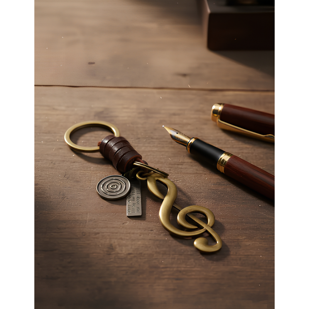 Chaveiro Musical Clave de Sol estilo Vintage em Metal e Couro + 4 pingentes