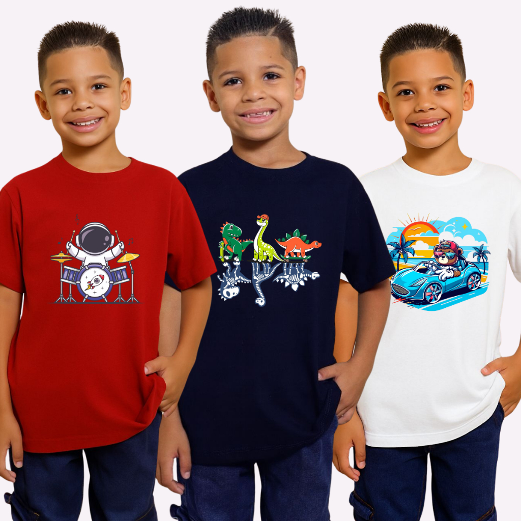 Kit 3 Camiseta Infantil Juvenil Estampada Menino 100% algodão Confortável Moderna Moda Kids