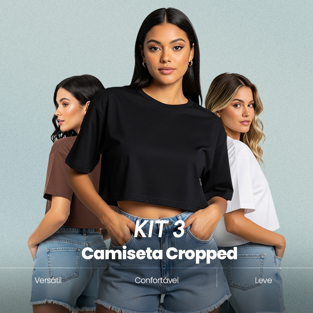 KIT 3 - Camiseta Cropped Oversized Feminino Soltinha Blusa Algodão Confortável Leve Tshirt D00