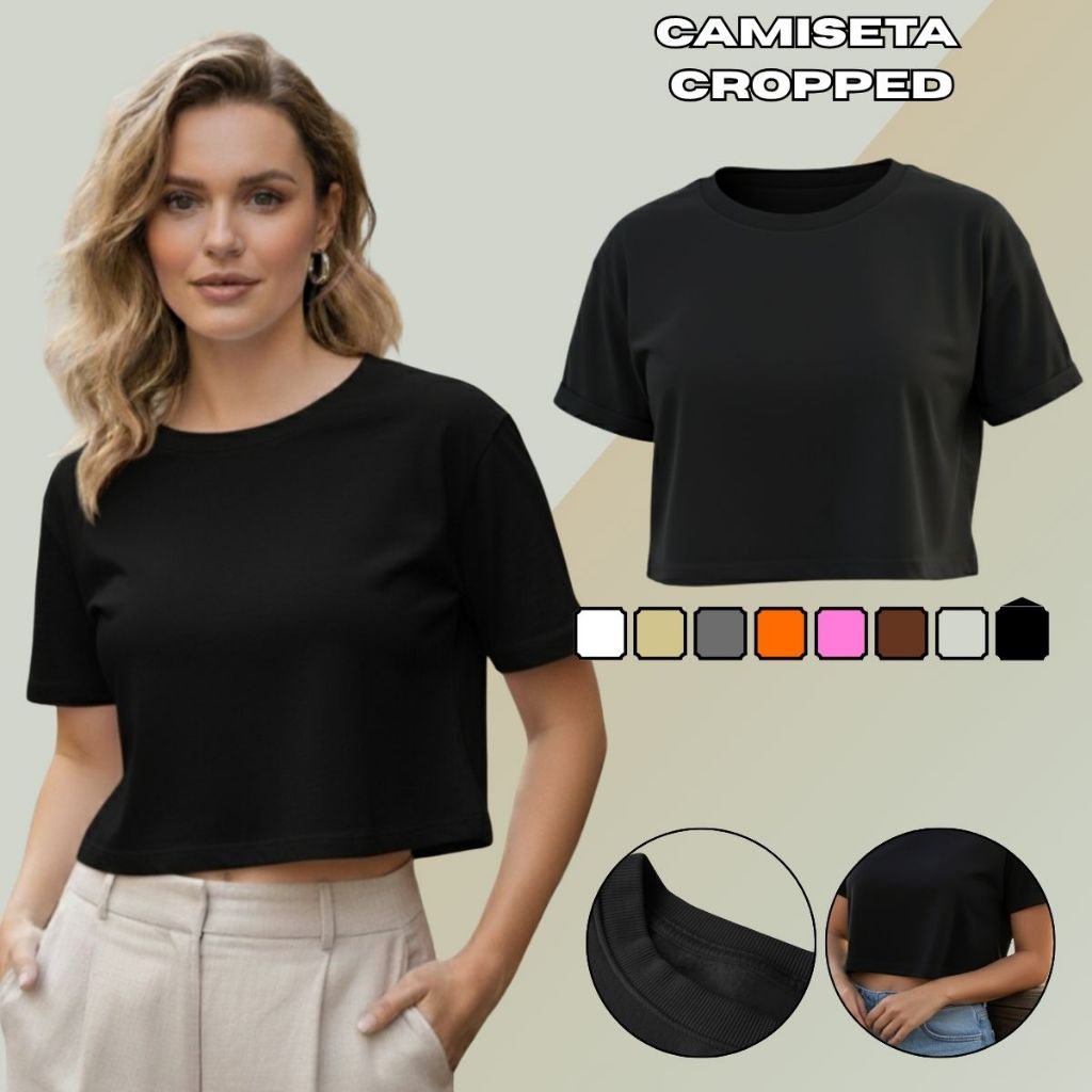 Blusa T-shirt Feminina Cropped Básica Lisa Gola Redonda Manga Curta Malha de Algodão Confortável
