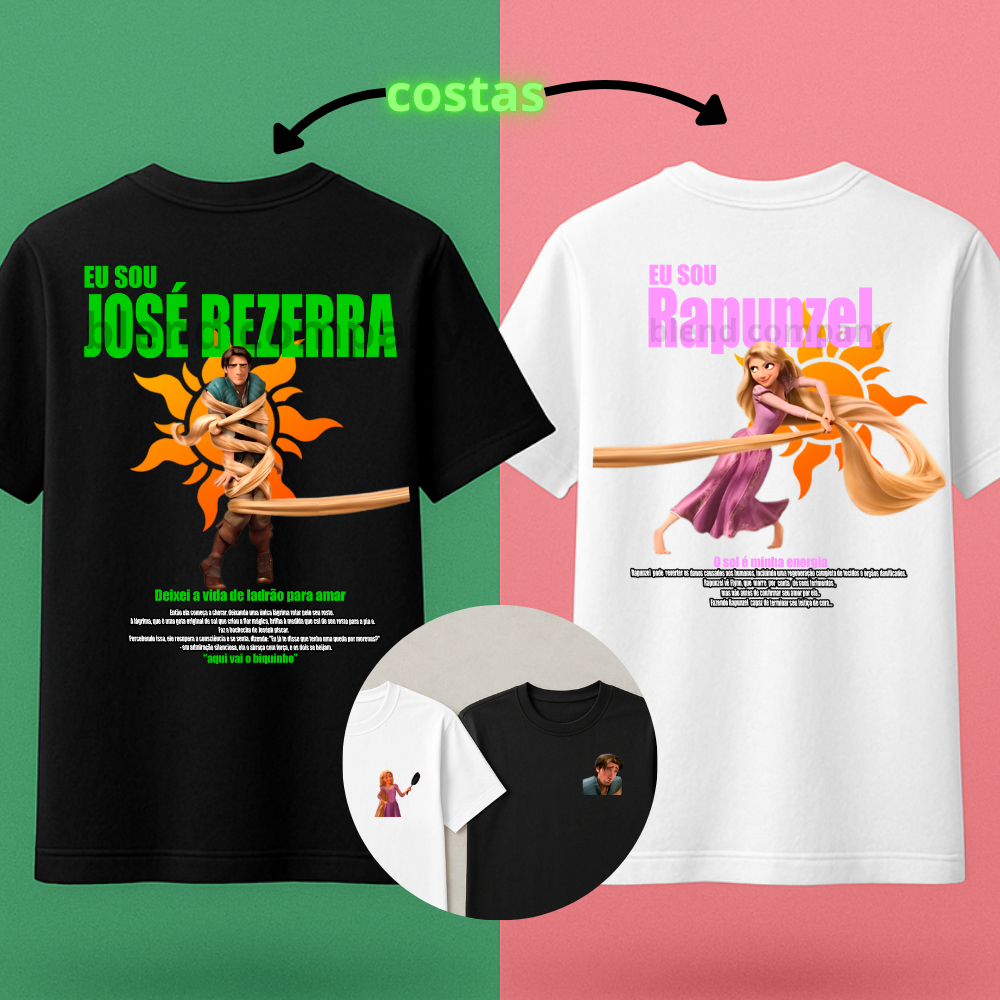 Conjunto Camiseta Casal Rapunzel e José Flynn Kit Casal Filme Enrolados