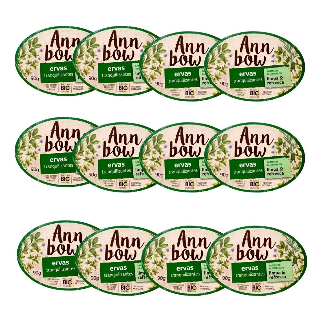 Kit 12 Sabonetes Ann Bow Em Barra Glicerinado Ervas 90g Natural Hidratante Refrescante Suave