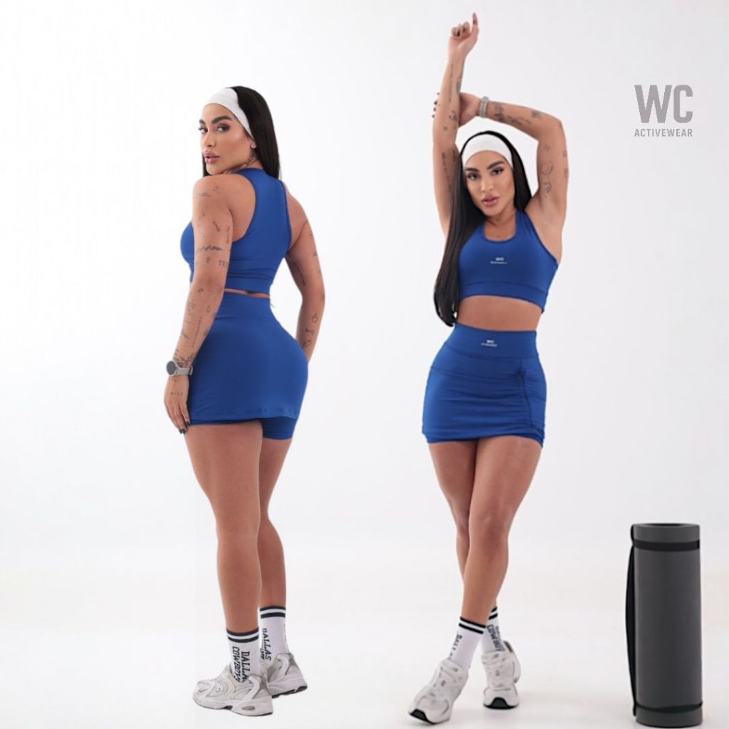 Conjunto Academia Azul Royal Short Saia e Top Fitness Ajusta No Corpo Cintura Alta em Oferta na Shopee