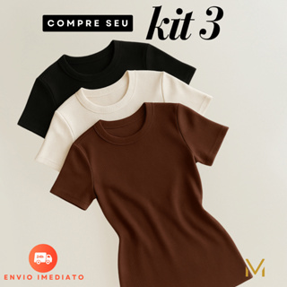 Kit 3 Blusas Feminina Estilosa Ribana Canelado Elegante Tendência Verão em Oferta na Shopee