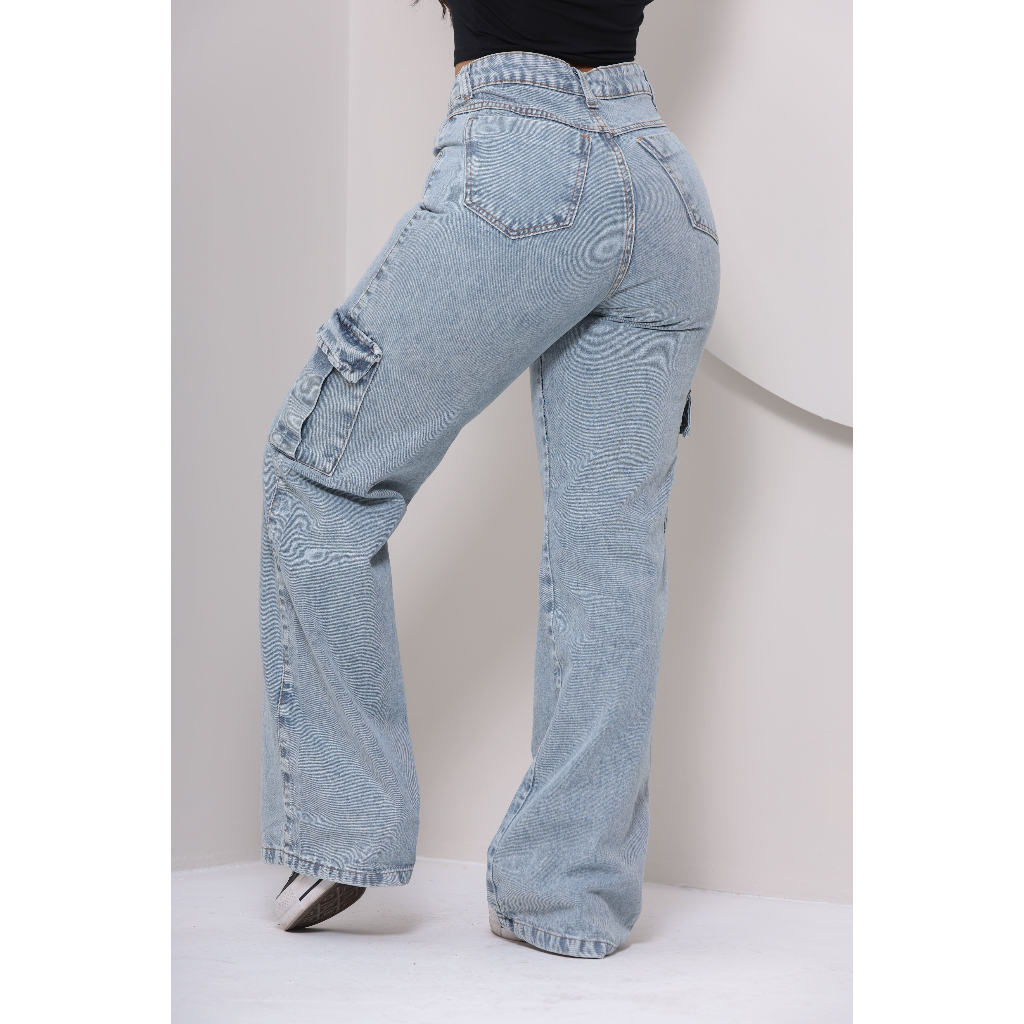 Calça Jeans Cargo Feminina Confortável Casual Versátil Tendência Elegante Moderna Festas Blogueira
