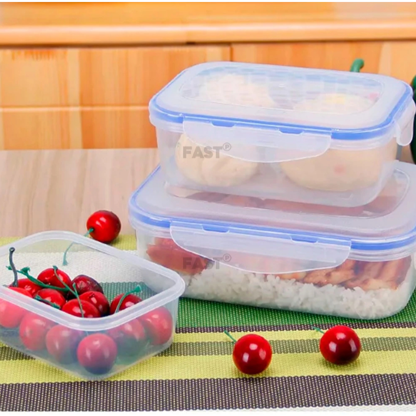Kit 4 Potes Hermético Plástico Resistente Tampa Trava Vedação Silicone Marmita Organizador Geladeira