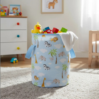 Cesto Organizador de Brinquedos e Roupas Estampa Bichinho Safári Azul Claro Tecido 100% Algodão P/ Menino