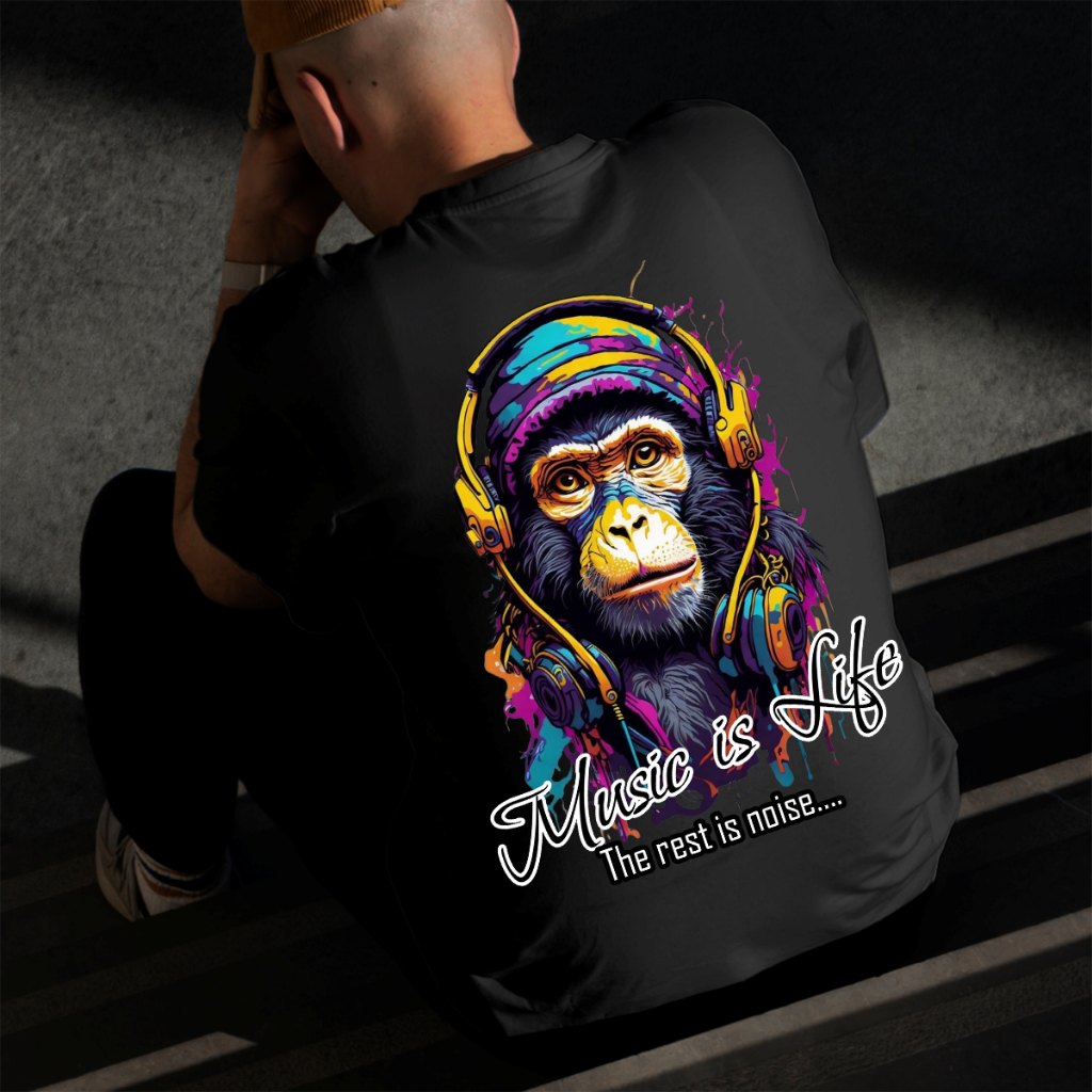 Camiseta Masculina Estampada Macaco de Fone 100% Algodão Estilo Conforto Diário Do Tamanho P ao GG