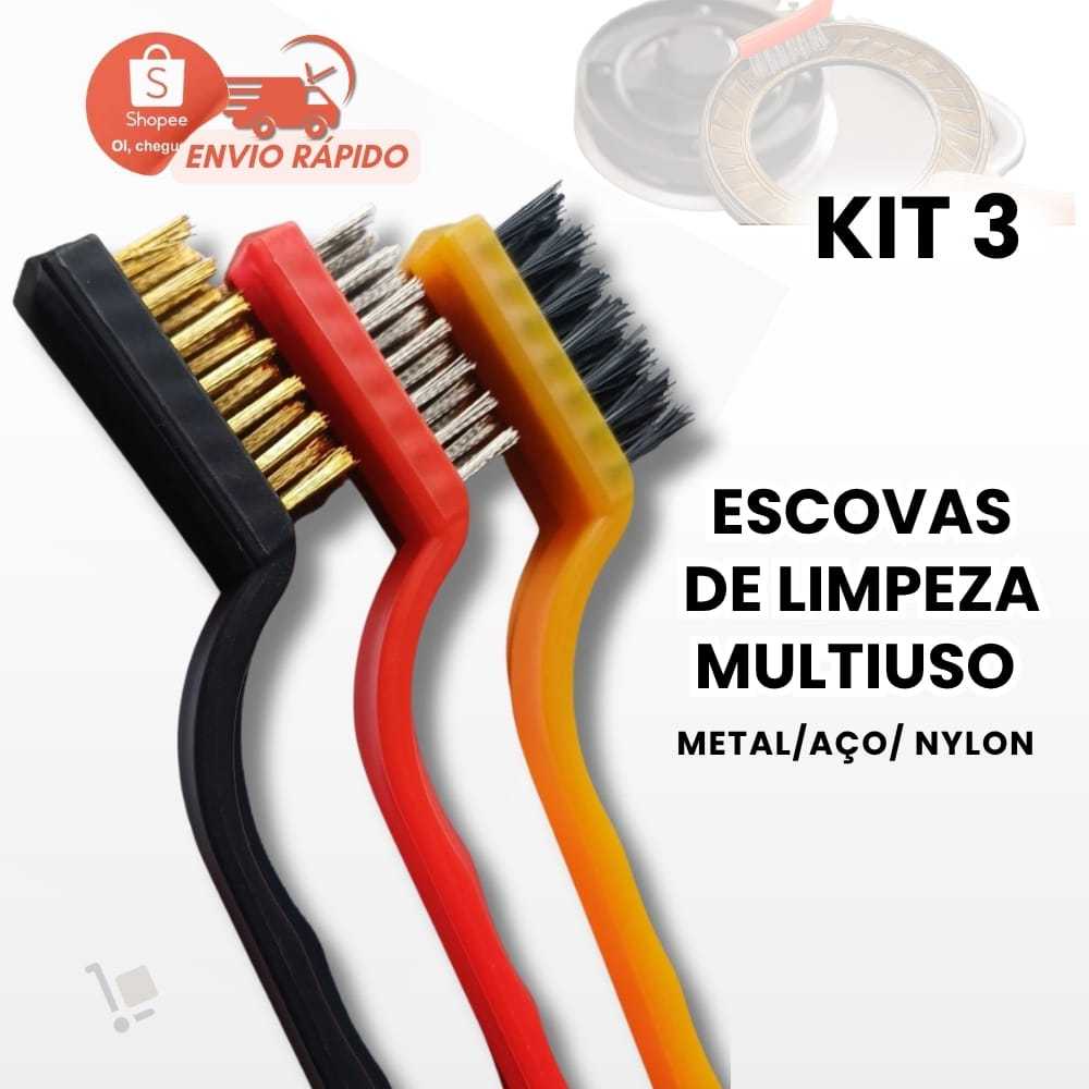 Conjunto 3 Escovas Cabo Longo Multifuncional 17cm Multiuso Tira Ferrugem Limpa Rejunte