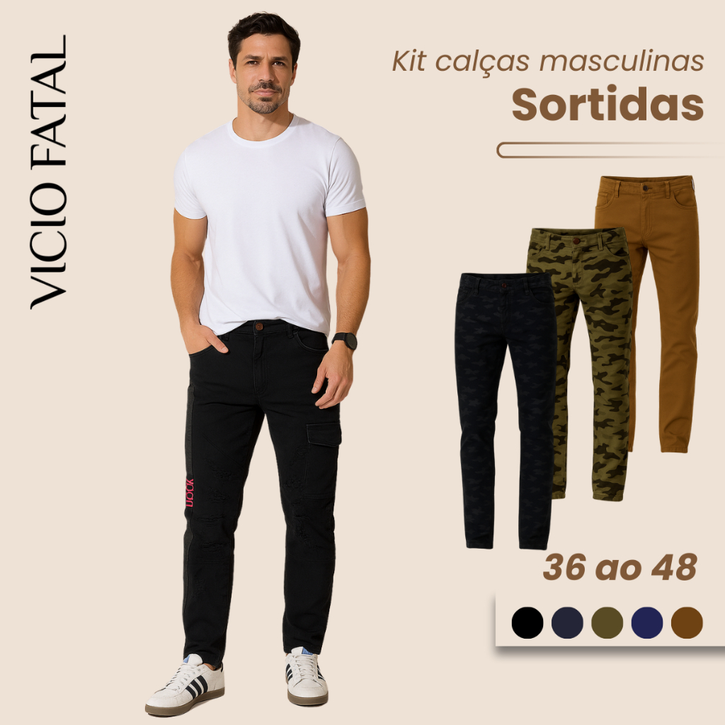 Combo 2 Calças Masculinas Sortidas Varios Tamanhos e Cores Elastano Jeans Sarja Verão Slim Cargo