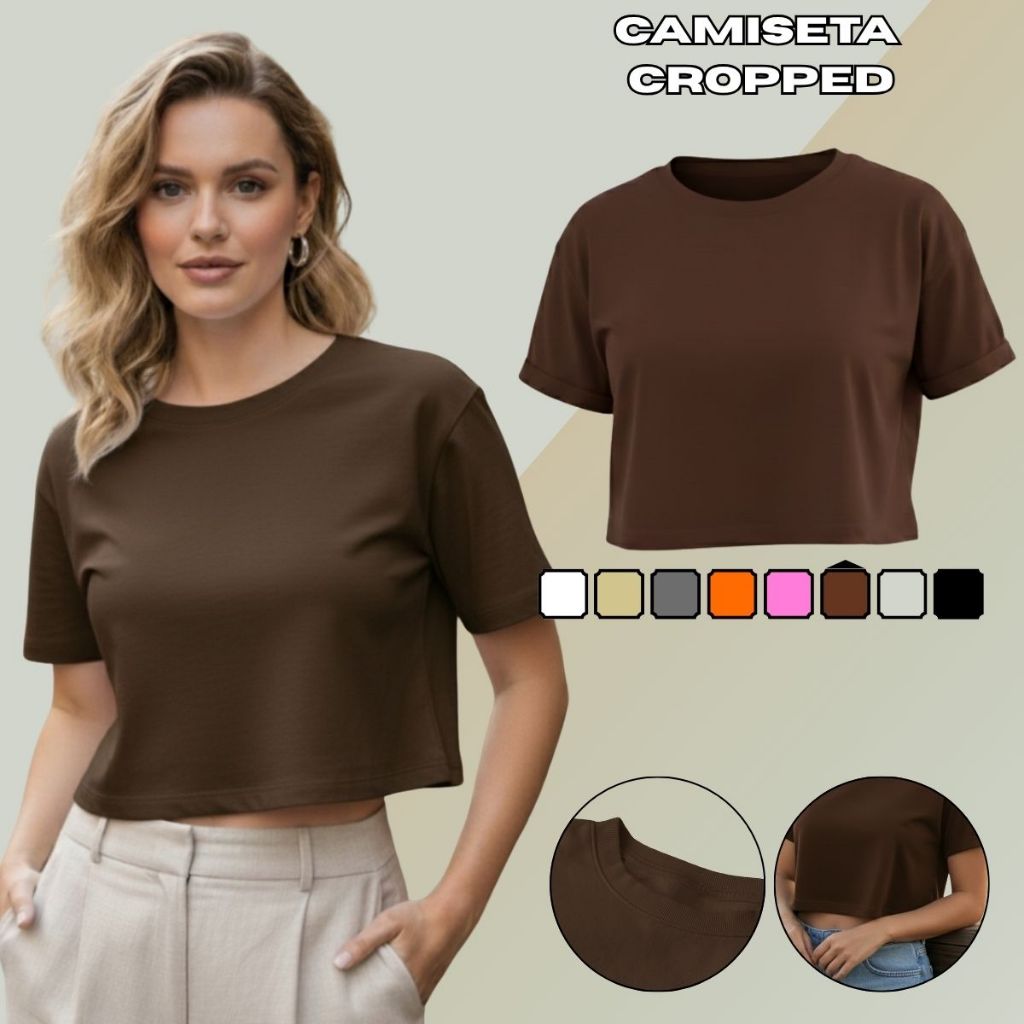Cropped Feminino Básico T-shirt Blusinha Lisa de Algodão Estilo Blogueirinha Verão Tendência GuGi