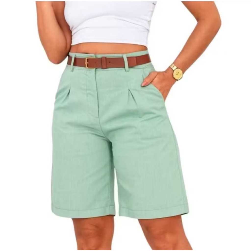 Bermuda de linho con bolso y cinto de couro marrom birgula dia adia em Oferta na Shopee