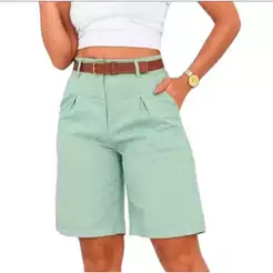 Bermuda de linho con bolso y cinto de couro marrom birgula dia adia
