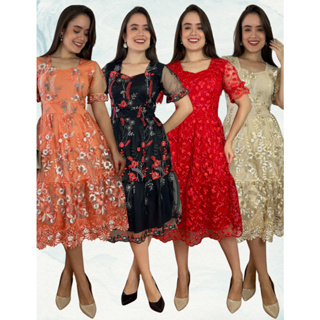 Vestido Mídi Tule Bordado Forro Helanca Light Manga Curta com Zíper Invisível nas Costas em Oferta na Shopee