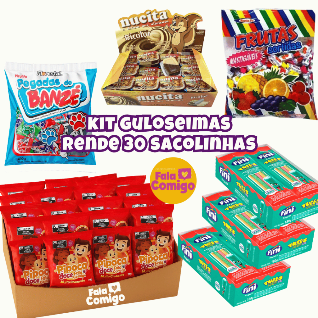 Kit 7 Guloseimas Rende 30 Sacolinhas Lembrancinhas Aniversário Infantil Fini Nucita Pirulito Pipoquinha