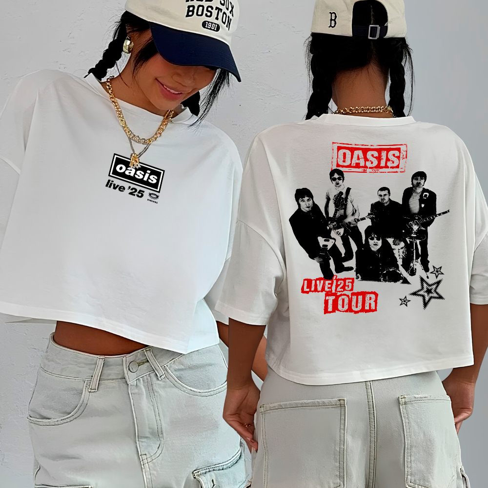 Blusa Cropped Oversized Estiloso Banda Rock Oasis Live Tour World Show Integrantes Confortavel