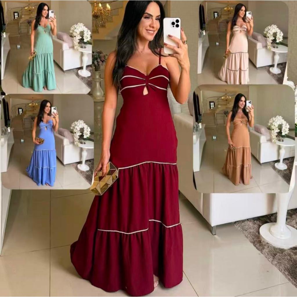 Vestido longo de alça2025 H-4 em Oferta na Shopee