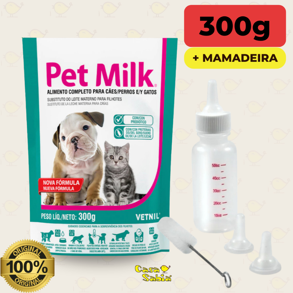 Suplemento Pet Milk Vetnil para Cães/Gatos filhotes + Mamadeira – Substituto Leite Materno
