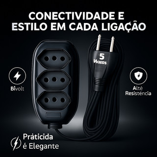 Extensão Elétrica Bivolt 10A Tripolar 5 Metros 3 Tomadas Preto para Uso Doméstico 110/220v