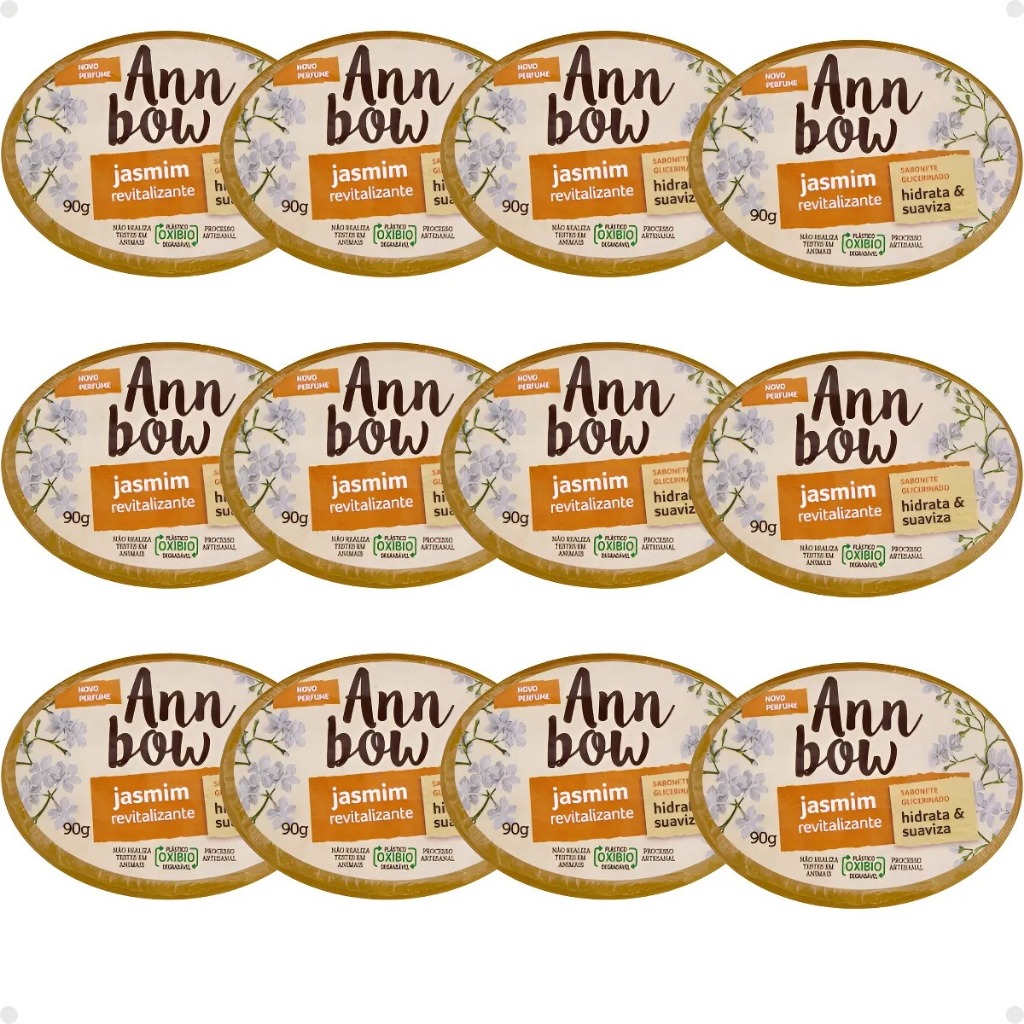 Kit 12 Sabonetes Ann Bow Em Barra Glicerinado Jasmin 90g Revitalizante Hidratante Perfumado Suave