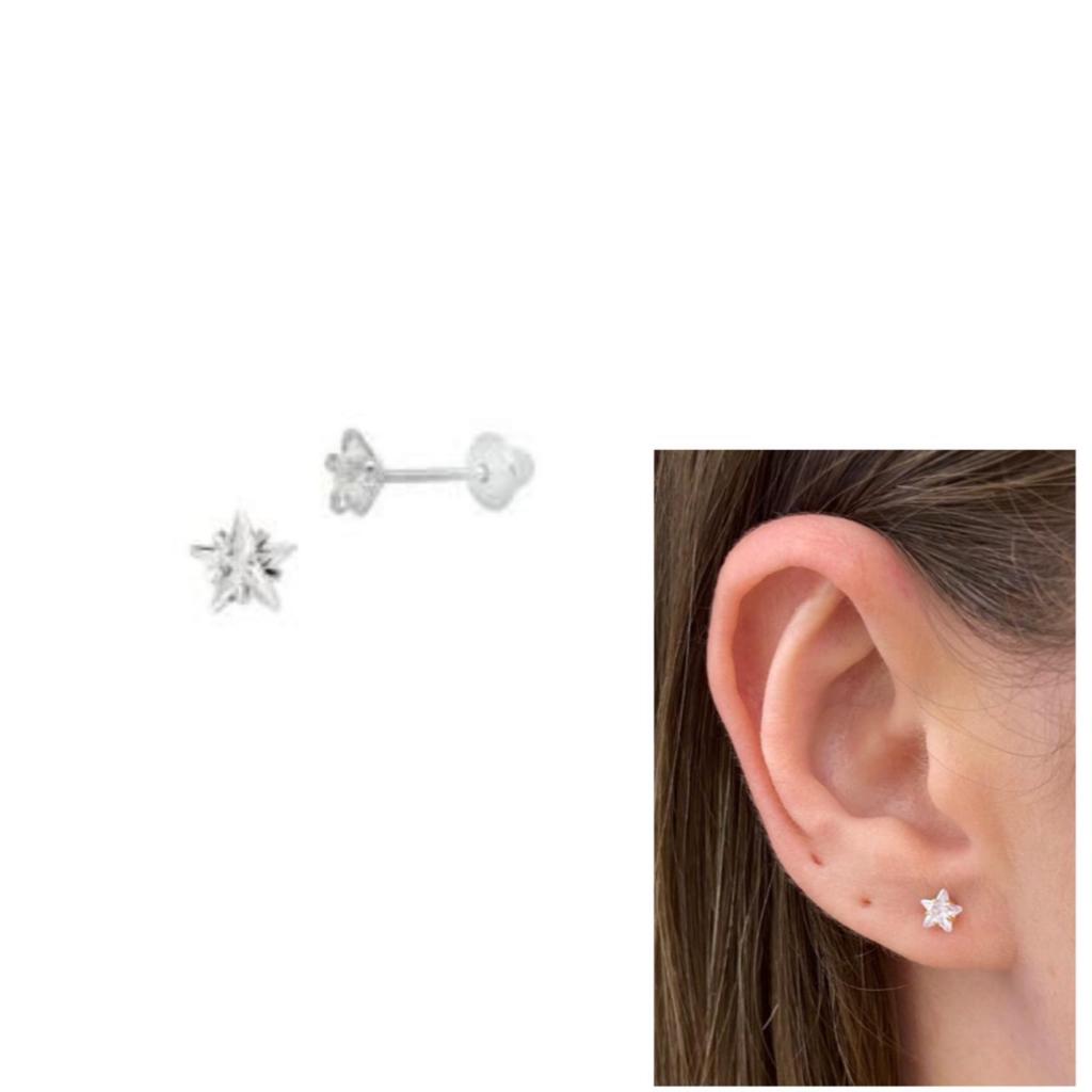 Brinco infantil bebê 4mm estrela zircônia tarraxa baby + saquinho de veludo _prata925 em Oferta na Shopee