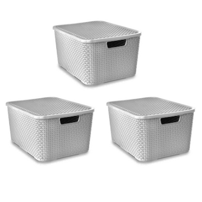 Kit 3 Cestos/Caixa Organizadora – Branca com Tampa Empilhavel – 7 Litros – Rattan – Arqplast – Toy 25586