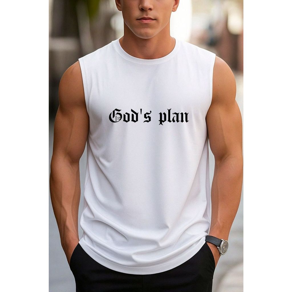 Regata Unissex Estampada God´s Plan Camisa Cavada Sem Manga Verão Calor Planos de Deus
