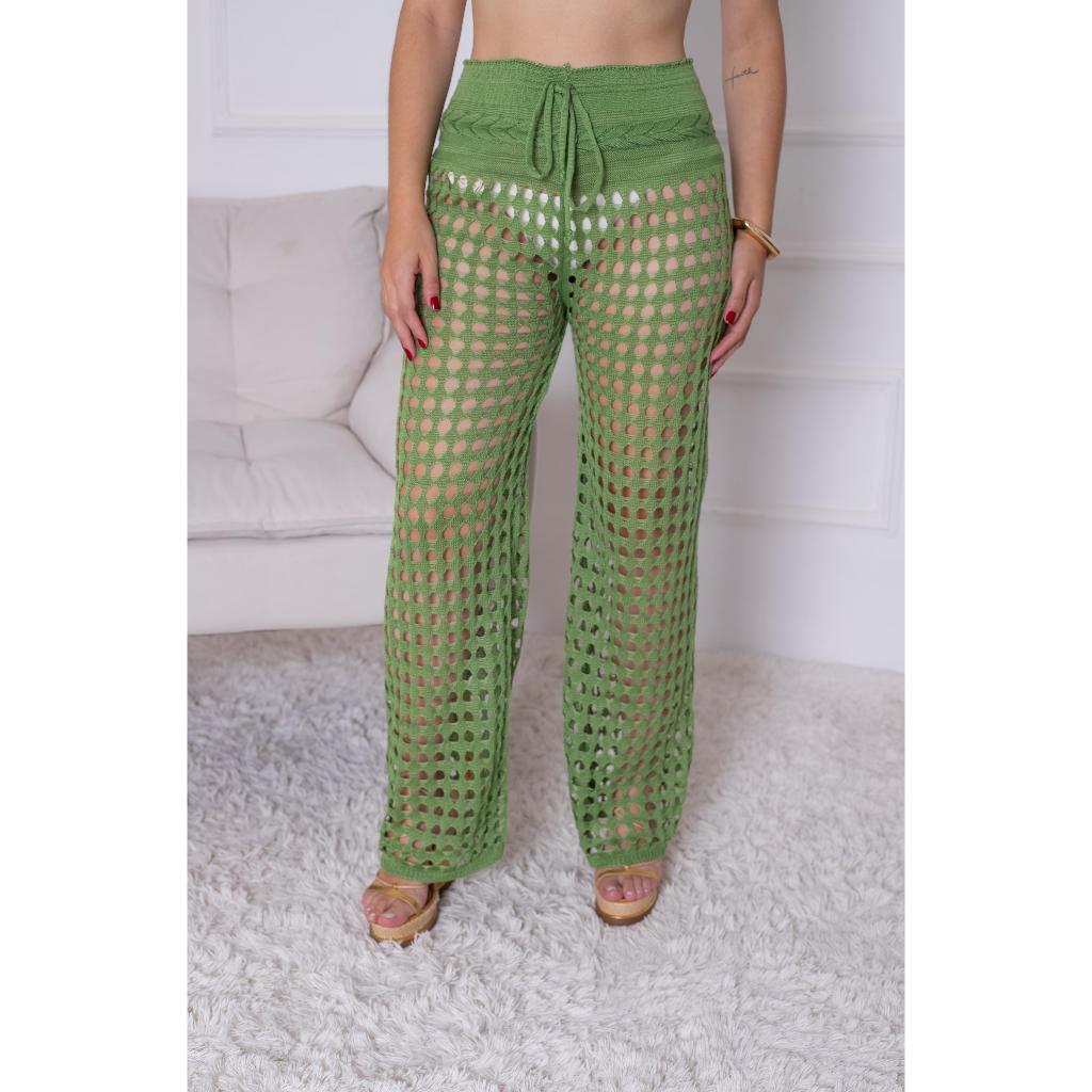 Calça Saída de Praia Tricot Crochê Tendência Moda Feminina - Calça Pantalona Praia Tricô Verão 2025