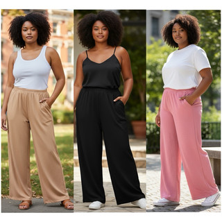 Calça Feminina Pantalona Básica Com Bolso e Elástico na Cintura