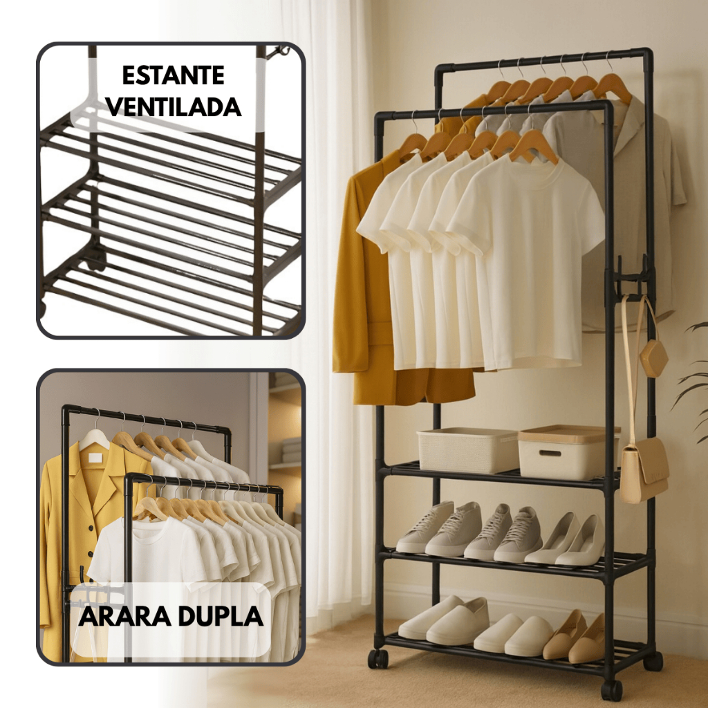 Arara Cabideiro Dupla Multiuso Sapateira Organizador Para Roupas Resistente Com Rodas Envio Imediato